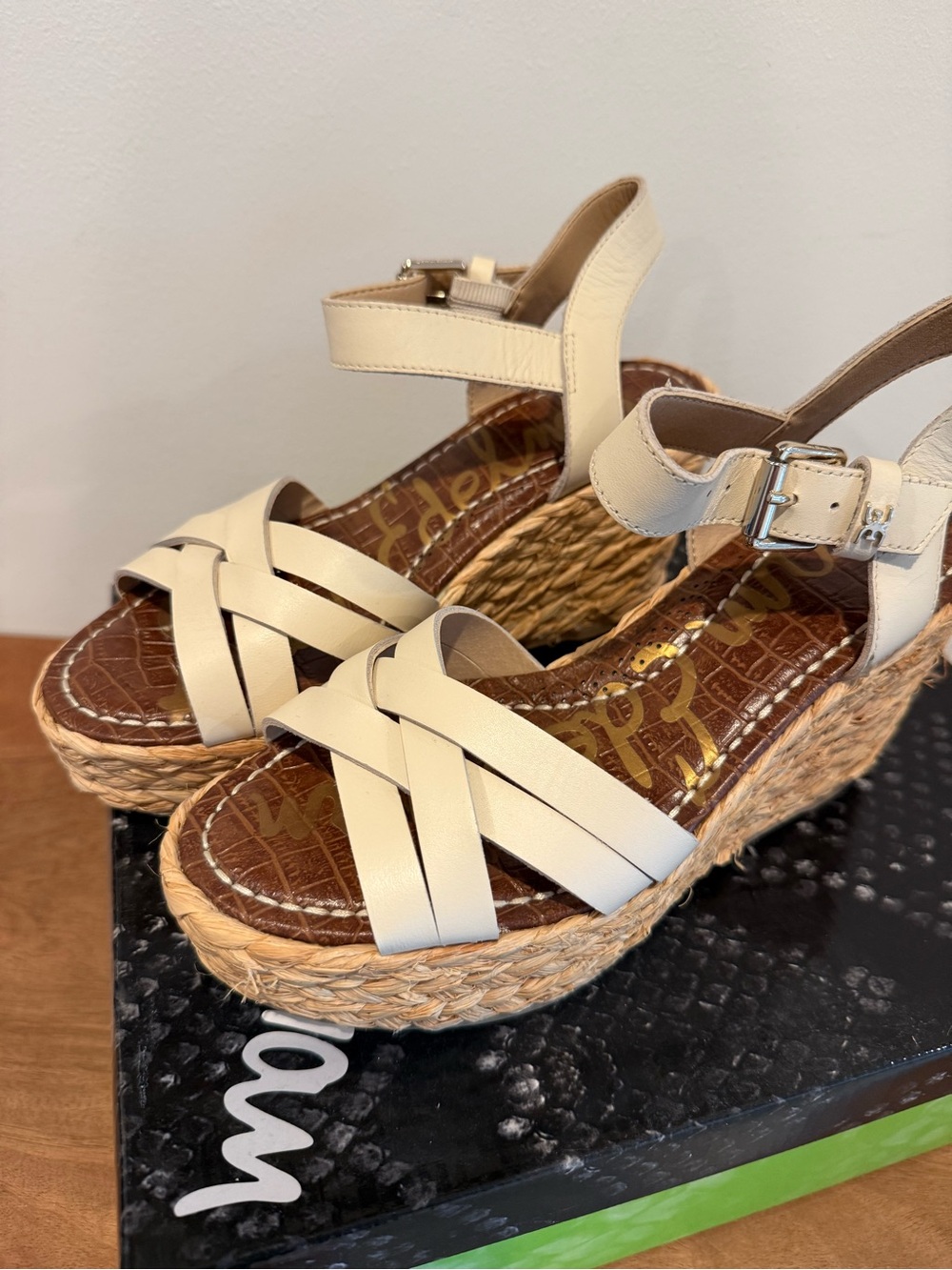 Sam Edelman Cream Espadrille Wedge Sandals with Ankle Strap